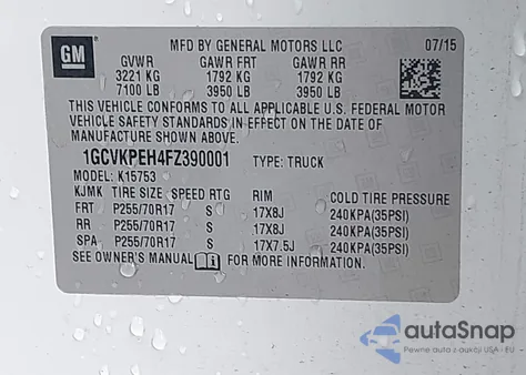 2015 Chevrolet Silverado 1500 Wt из США, поврежденный, VIN 1GCVKPEH4FZ390001